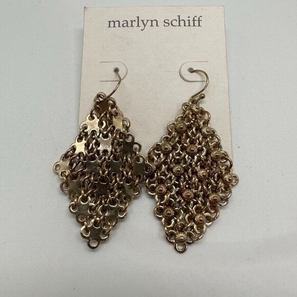 Marilyn Schiff 2" Pierced Earrings Gold Tone Mesh Diamond Shape Dangles New - Picture 4 of 9